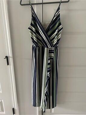LOFT Striped V-Neck Midi Dress in Navy, Green & White